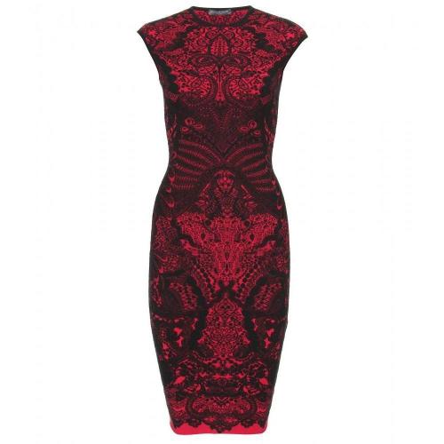 Alexander McQueen Intarsienstrickkleid Rot-Schwarzes Muster