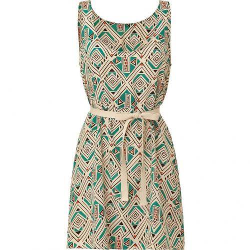 American Vintage Turquoise Diamond Print Belted Silk Dress