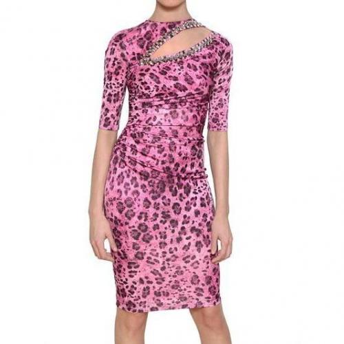 Blumarine Besticktes Bedrucktes Rayon Jersey Kleid Rosa Leo