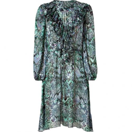 Blumarine Forest Multi Color Print Ruffled Silk Kleid