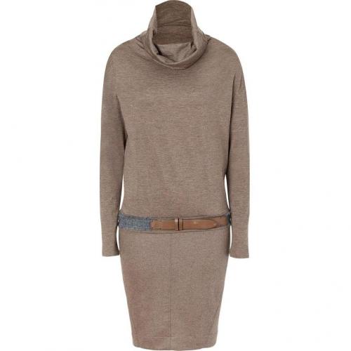 Brunello Cucinelli Fawn Heather Belted Stretch Wool Dress