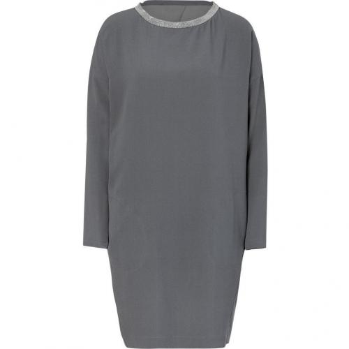 Brunello Cucinelli Platinum Silk Dress with Embellished Collar