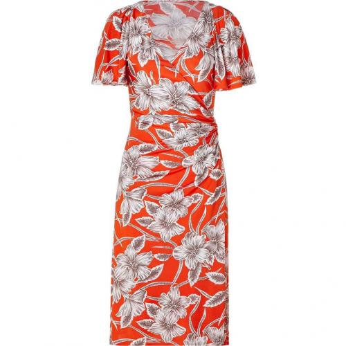 Collette Dinnigan Tangerine Hibiscus Wrap Front Silk Jersey Dress