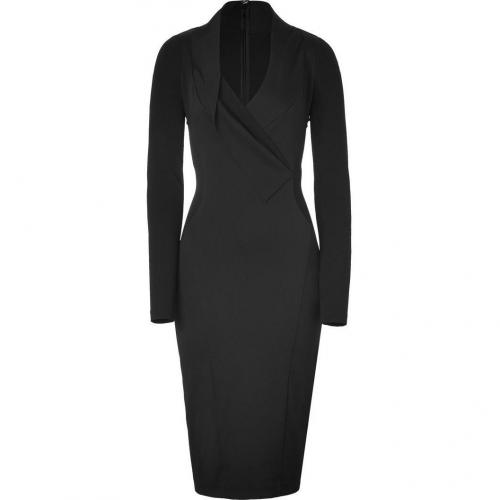 Donna Karan Black Cotton-Blend Fluid Crepe V-Neck Double Jersey Kleid