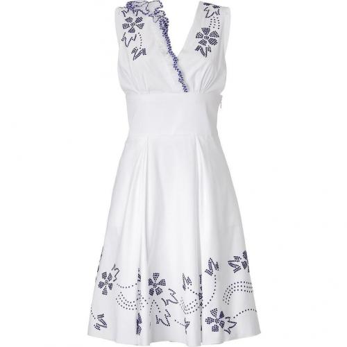 Ermanno Scervino White V-Neck Dress With Blue Embroidery And Ruching