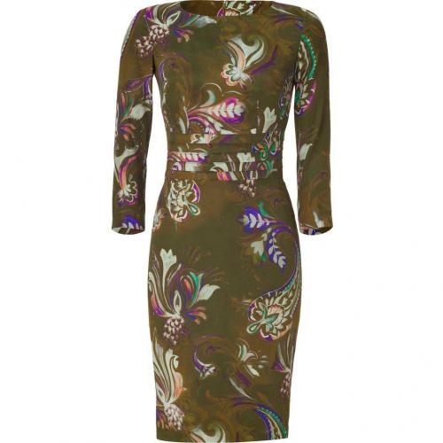 Etro Olive Flower Patterned Silk Kleid With Piping Detailing
