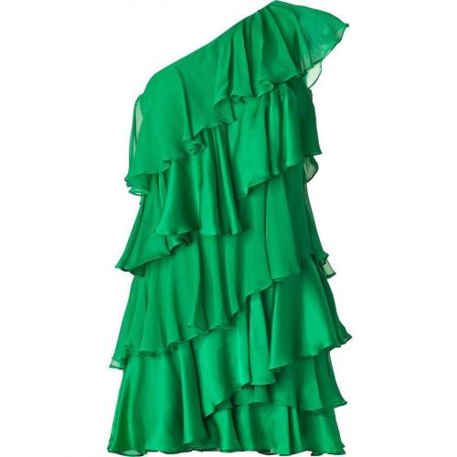 Halston Heritage Grass Green One Shoulder Tiered Silk Kleid