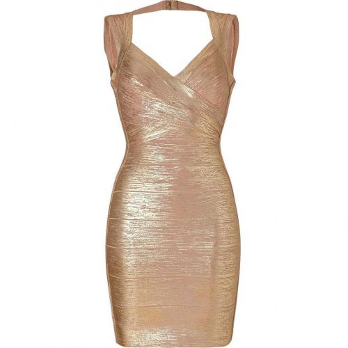 Hervé Léger Gold-Nude Shimmer Bandage Dress