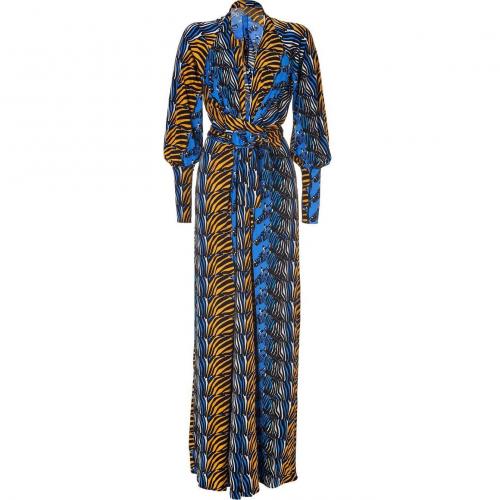 Issa Denim Blue/Honey Zebra Print Silk Maxi Dress