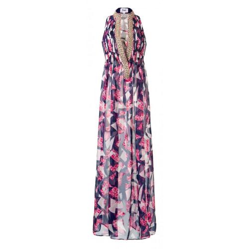 Jodé Eruini Maxi Kleid Blau-Weiß-Pink