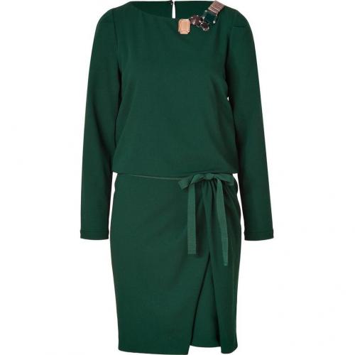 Piazza Sempione Green Stretch Wool Dress with Jeweled Neckline