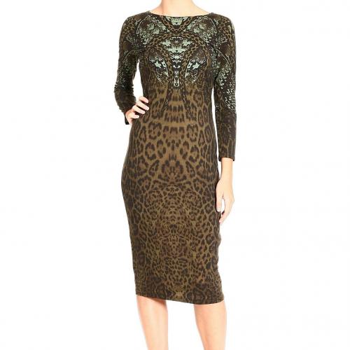 Roberto Cavalli 3/4 sleeve wool jerset snake jaguar print dress