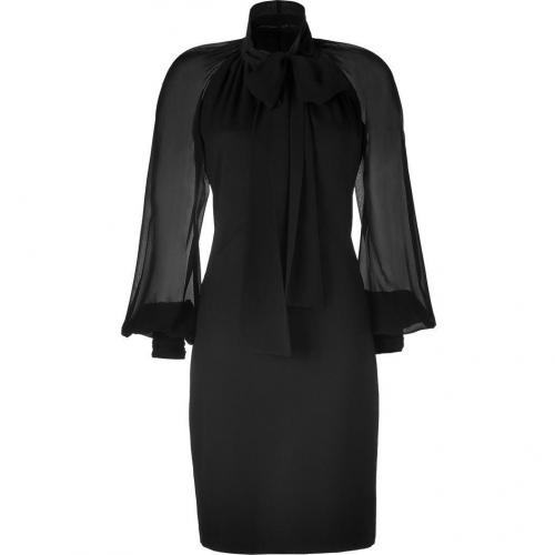 Roberto Cavalli Black Tie Neck Wool Dress With Silk Sleeves