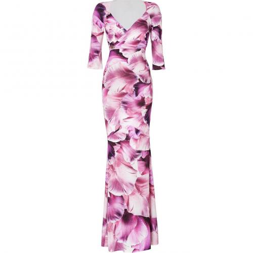 Roberto Cavalli Dew Drop Orchid Print Maxi Dress with Brooch