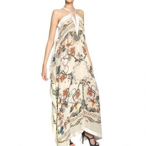 Roberto Cavalli Langes Bedrucktes Seidenes Georgette Kaftankleid Beige