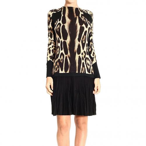 Roberto Cavalli Long sleeve spotted print pleated skirt dress