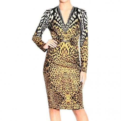 Roberto Cavalli Long sleeve v neck jaguar print buckle dress