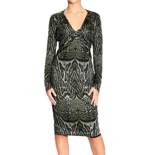 Roberto Cavalli Long sleeve v neck jersey cross ocelot print dress