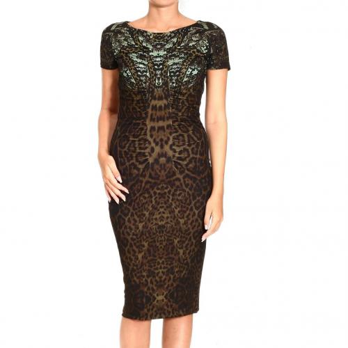 Roberto Cavalli Short sleeve curled snake jaguar print dress
