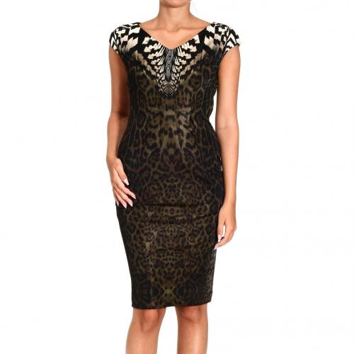 Roberto Cavalli Short sleeve v neck jersey jaguar print dress