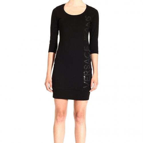 Versace 3/4 sleeve wide neck crystals logo dress