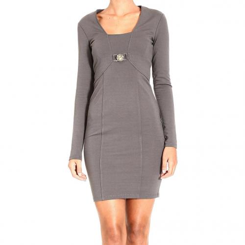 Versace Long sleeve milan stitch squared neck buckle dress